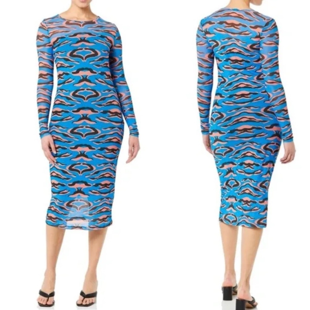 Terea by Andrea Pitter Blue Tiger Print Mesh Bodycon Midi Dress M NWT